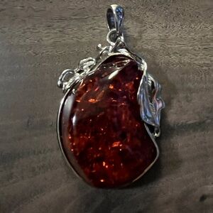 Amber Teardrop Pendant Necklace - Rich Cognac Amber